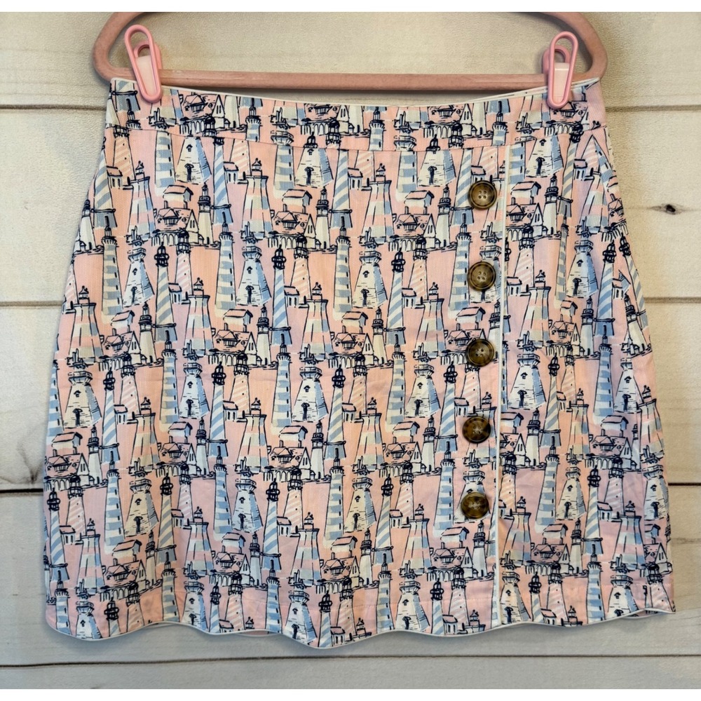 Lauren James Pink Lighthouse Print Corduroy Mini Skirt Scalloped Hem Nautical